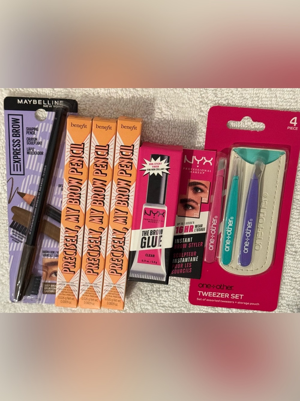 Brow Bundle: Maybelline, Benefit Precisely Liner, Tweezers, NYX Brow Setting Gel